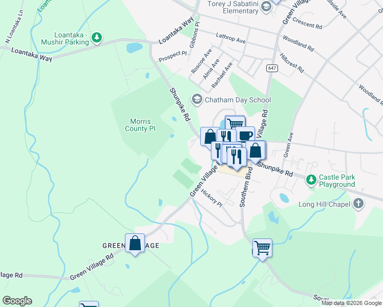 map of restaurants, bars, coffee shops, grocery stores, and more near 685 Shunpike Road in Chatham Township