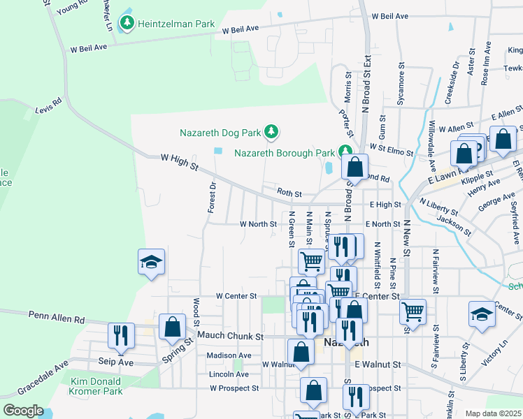 map of restaurants, bars, coffee shops, grocery stores, and more near 224 Greenwood Avenue in Nazareth