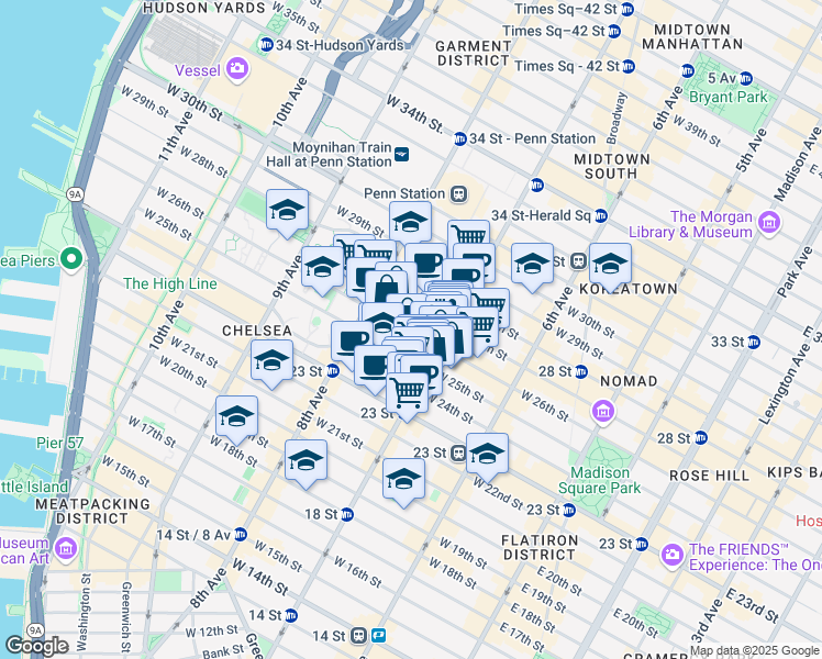map of restaurants, bars, coffee shops, grocery stores, and more near 221 West 26th Street in New York