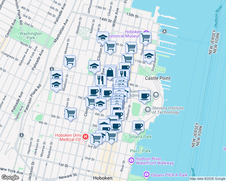 map of restaurants, bars, coffee shops, grocery stores, and more near 157 8th Street in Hoboken