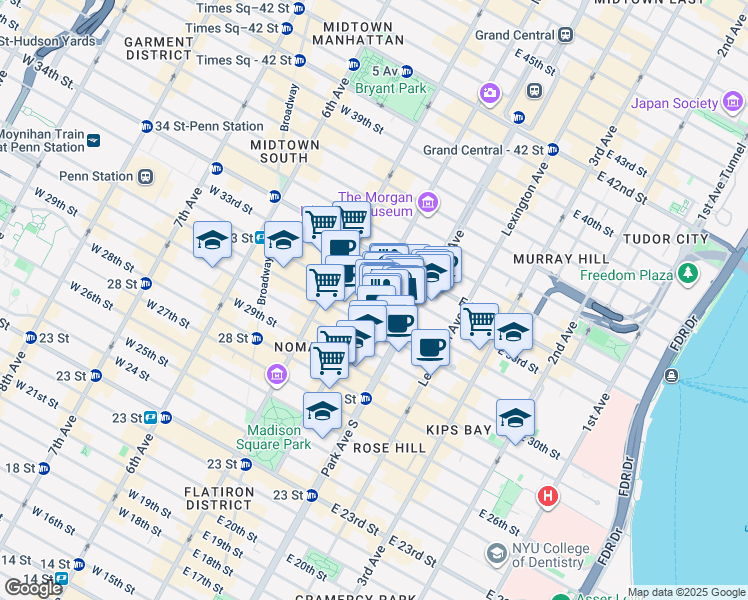 map of restaurants, bars, coffee shops, grocery stores, and more near 4 Park Avenue in New York