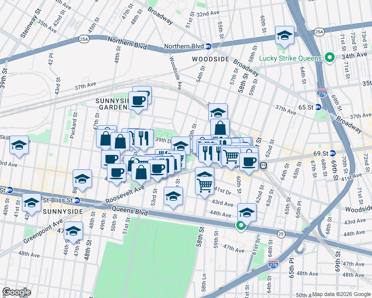 map of restaurants, bars, coffee shops, grocery stores, and more near Woodside Avenue in Queens
