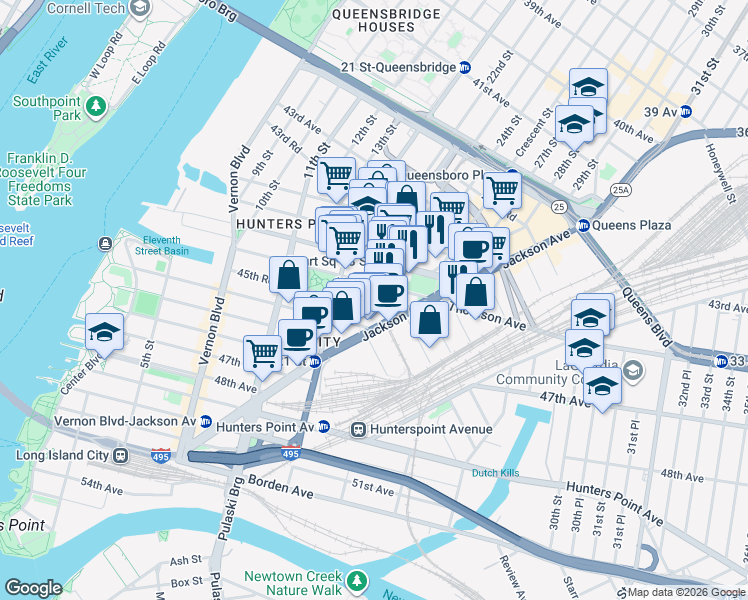map of restaurants, bars, coffee shops, grocery stores, and more near 21-41 45th Road in Queens