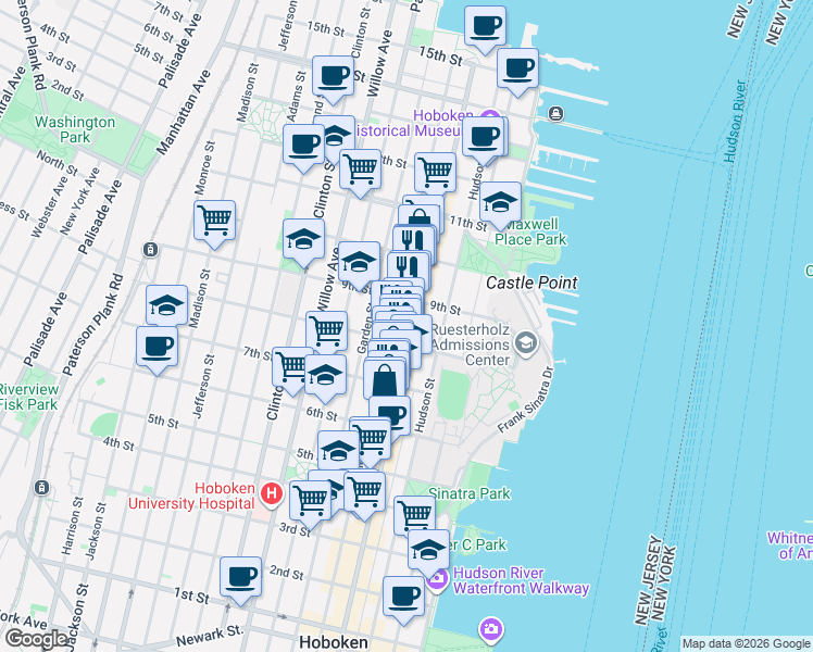 map of restaurants, bars, coffee shops, grocery stores, and more near 799 Washington Street in Hoboken