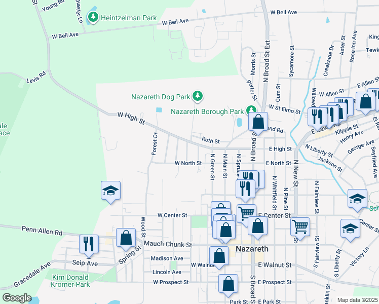 map of restaurants, bars, coffee shops, grocery stores, and more near 224 Greenwood Avenue in Nazareth