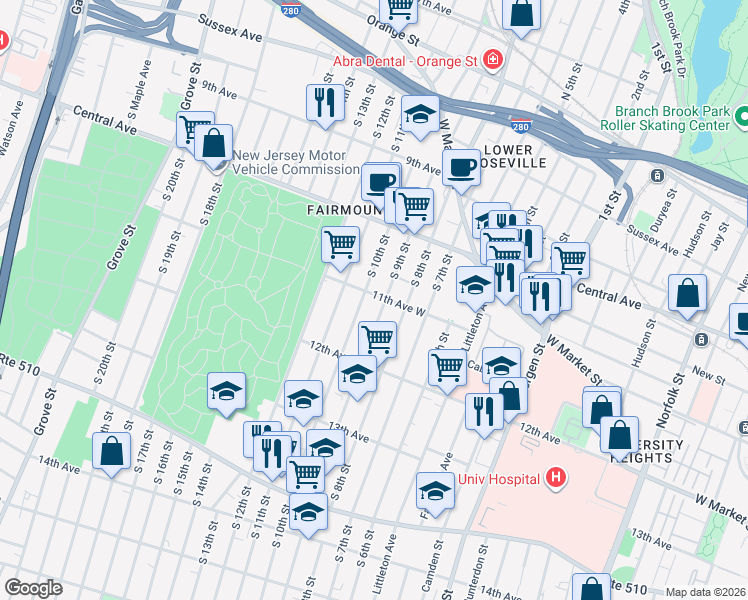 map of restaurants, bars, coffee shops, grocery stores, and more near 196 South 10th Street in Newark