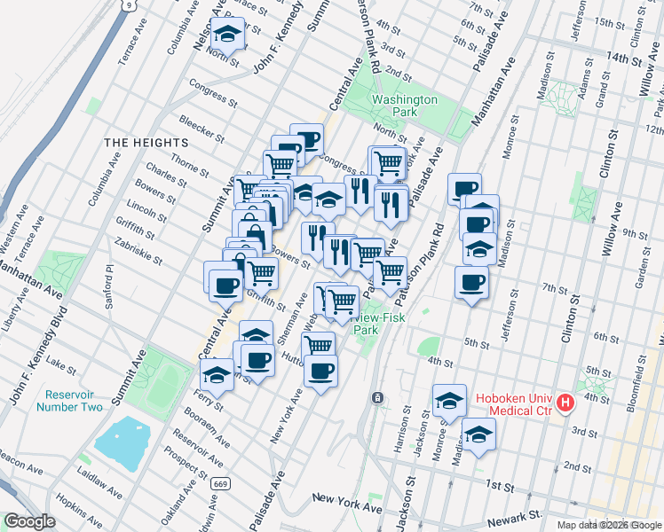 map of restaurants, bars, coffee shops, grocery stores, and more near 52 Bowers Street in Jersey City