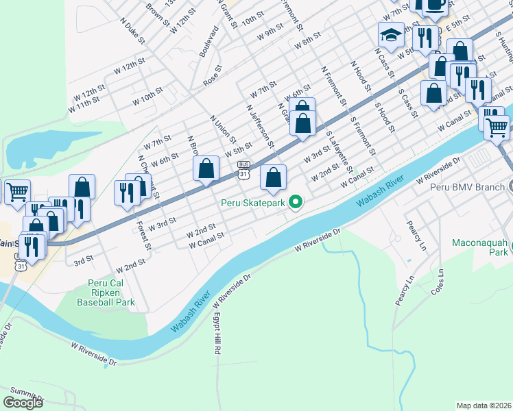 map of restaurants, bars, coffee shops, grocery stores, and more near 332-448 W Canal St in Peru