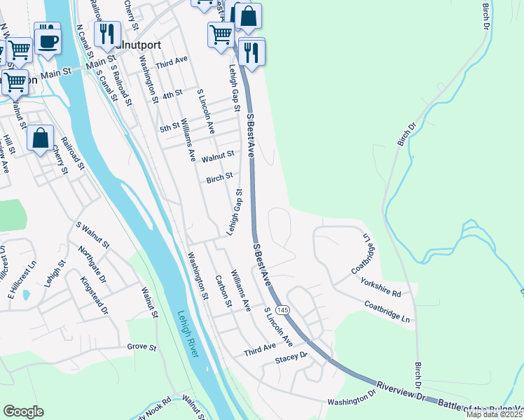 map of restaurants, bars, coffee shops, grocery stores, and more near 29 View Drive in Walnutport
