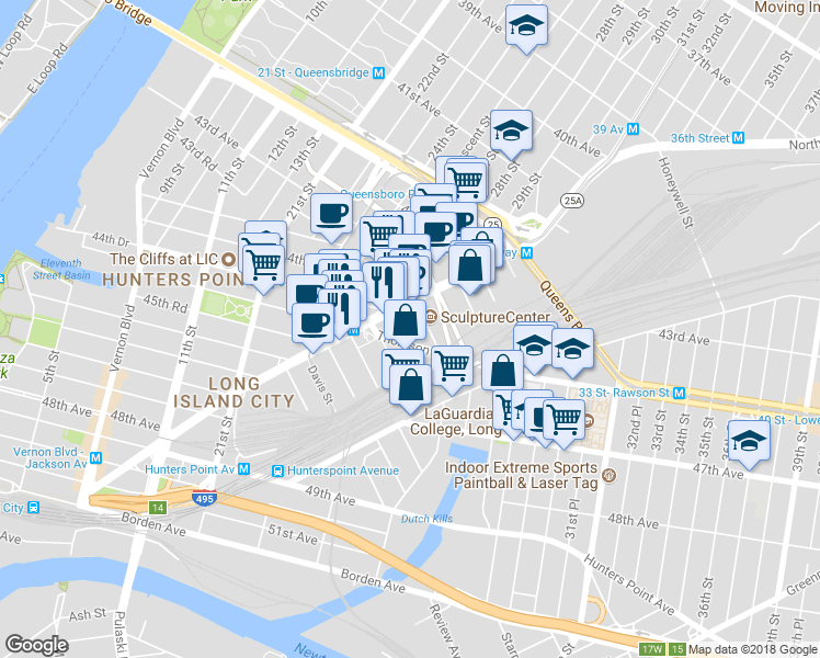 map of restaurants, bars, coffee shops, grocery stores, and more near 28-31 Thomson Avenue in Queens