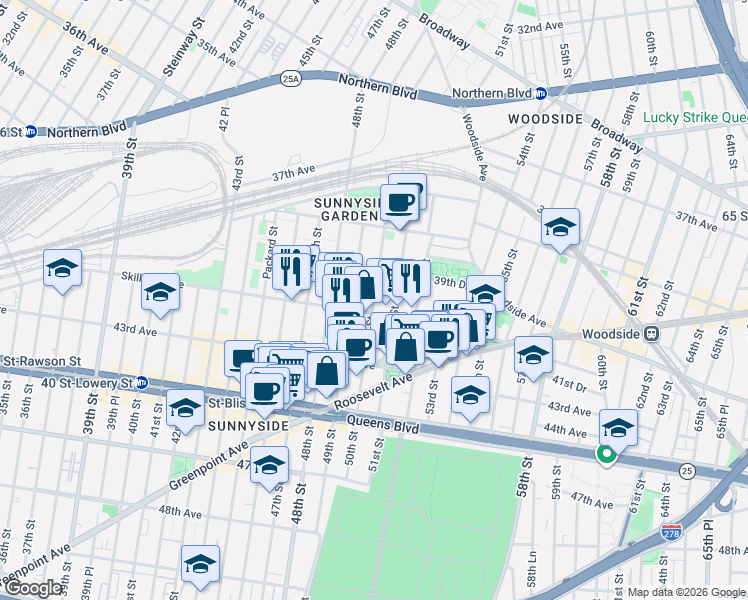 map of restaurants, bars, coffee shops, grocery stores, and more near in Queens