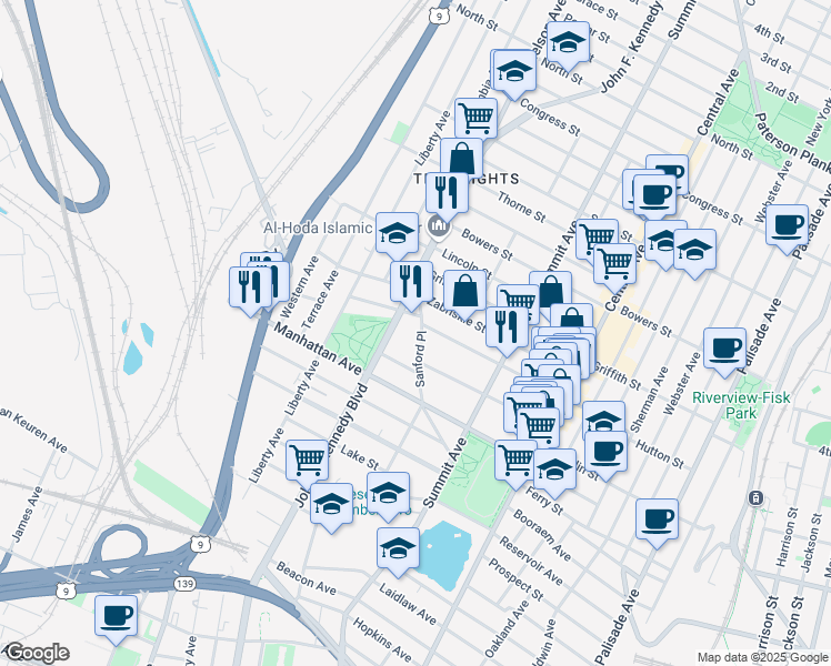 map of restaurants, bars, coffee shops, grocery stores, and more near 134 Sherman Place in Jersey City