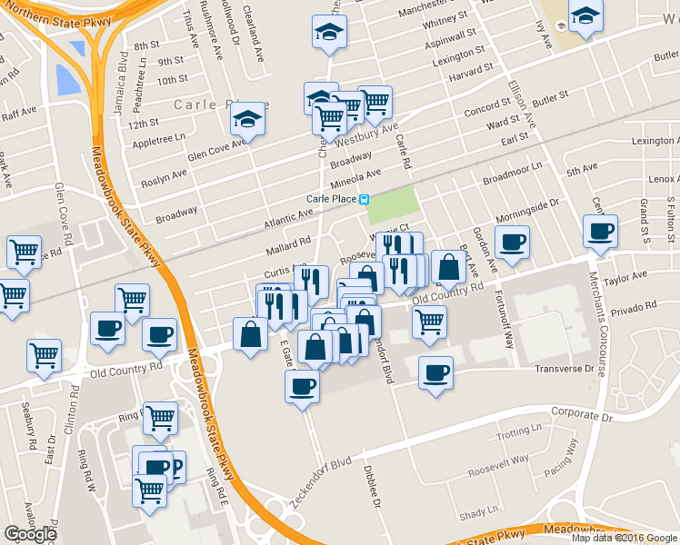 map of restaurants, bars, coffee shops, grocery stores, and more near 103 Roosevelt Court in Carle Place