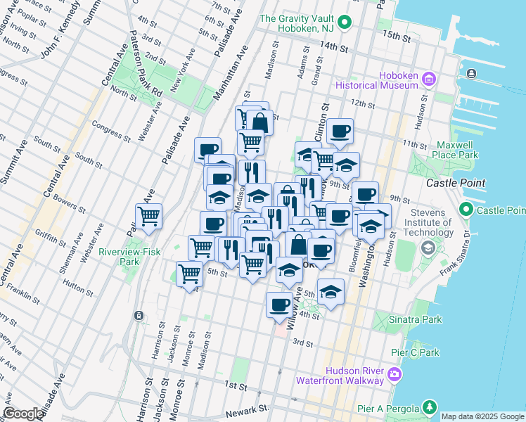 map of restaurants, bars, coffee shops, grocery stores, and more near 711 Adams Street in Hoboken
