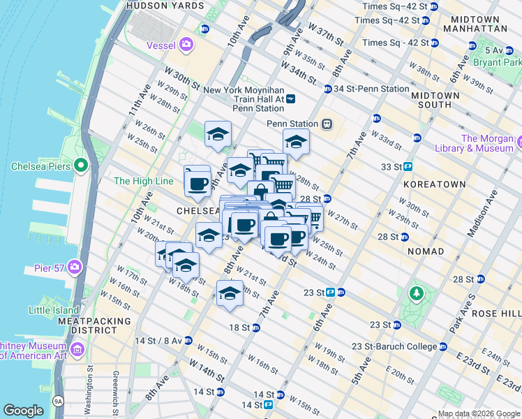 map of restaurants, bars, coffee shops, grocery stores, and more near 8th Ave & W 25th St in New York