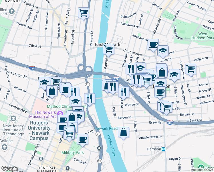 map of restaurants, bars, coffee shops, grocery stores, and more near 110 Passaic Avenue in Harrison
