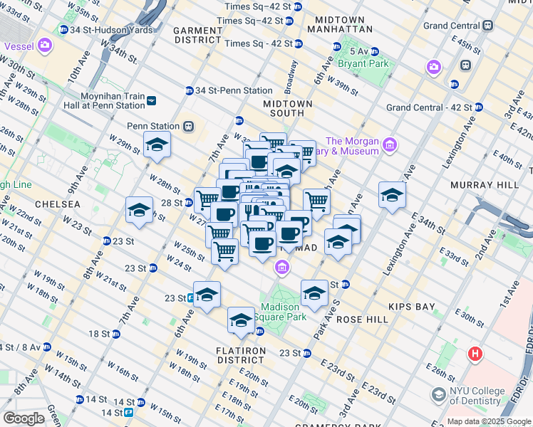 map of restaurants, bars, coffee shops, grocery stores, and more near 1223 Broadway in New York