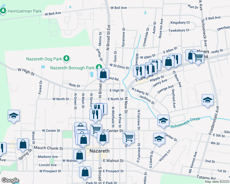 map of restaurants, bars, coffee shops, grocery stores, and more near 204 East High Street in Nazareth