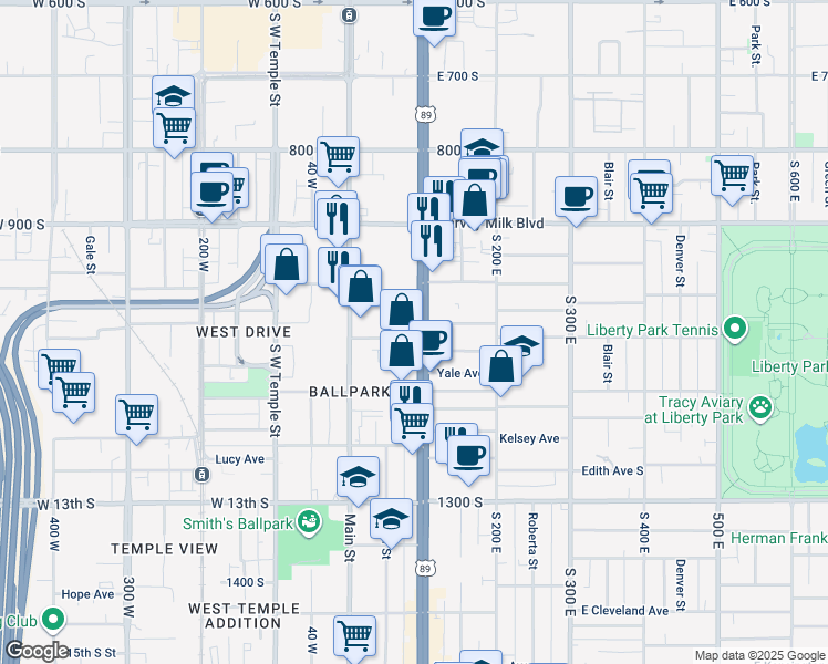 map of restaurants, bars, coffee shops, grocery stores, and more near 1065 State Street in Salt Lake City