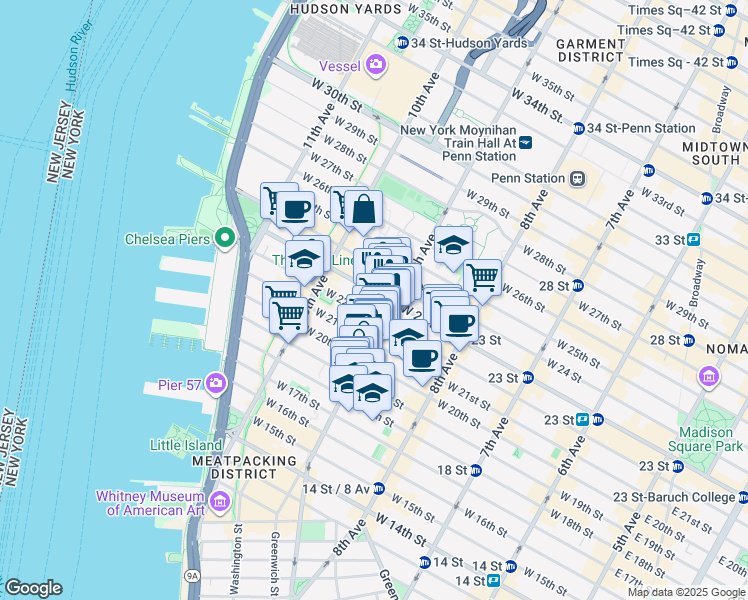 map of restaurants, bars, coffee shops, grocery stores, and more near 414 West 22nd Street in New York