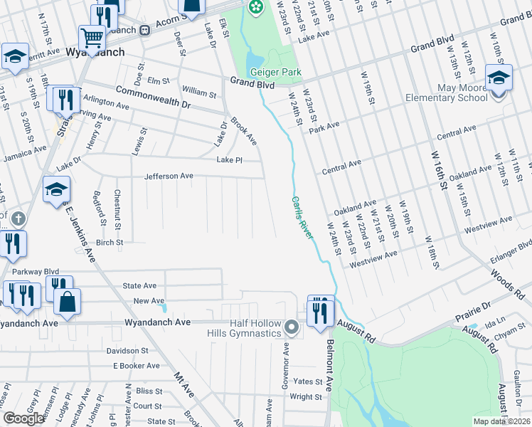 map of restaurants, bars, coffee shops, grocery stores, and more near 54 Brook Avenue in Wyandanch