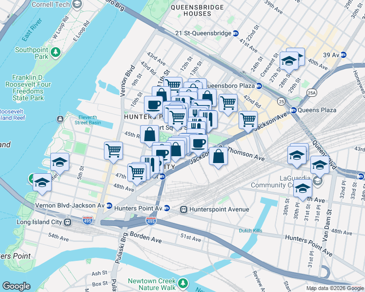 map of restaurants, bars, coffee shops, grocery stores, and more near 21-21 46th Avenue in Queens