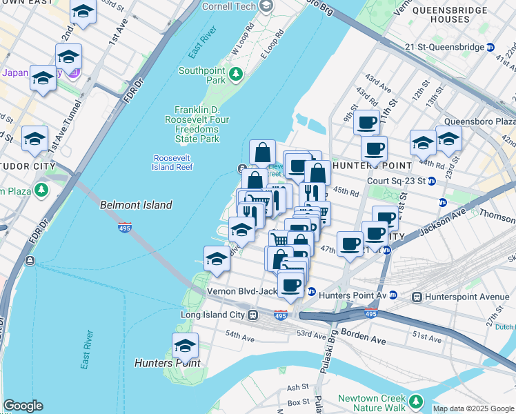 map of restaurants, bars, coffee shops, grocery stores, and more near 1-59 47th Avenue in Queens
