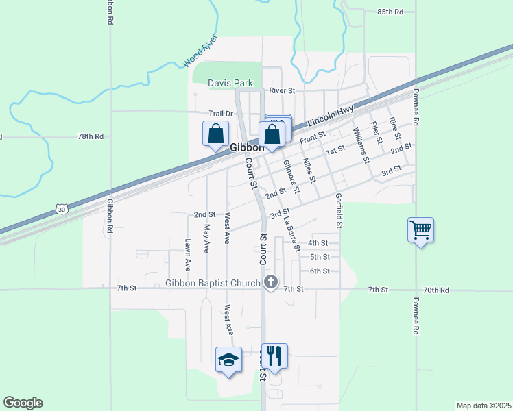 map of restaurants, bars, coffee shops, grocery stores, and more near 1001 2nd Street in Gibbon