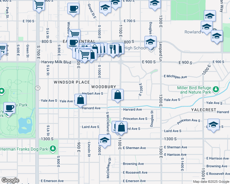 map of restaurants, bars, coffee shops, grocery stores, and more near 1041 Yale Avenue South in Salt Lake City