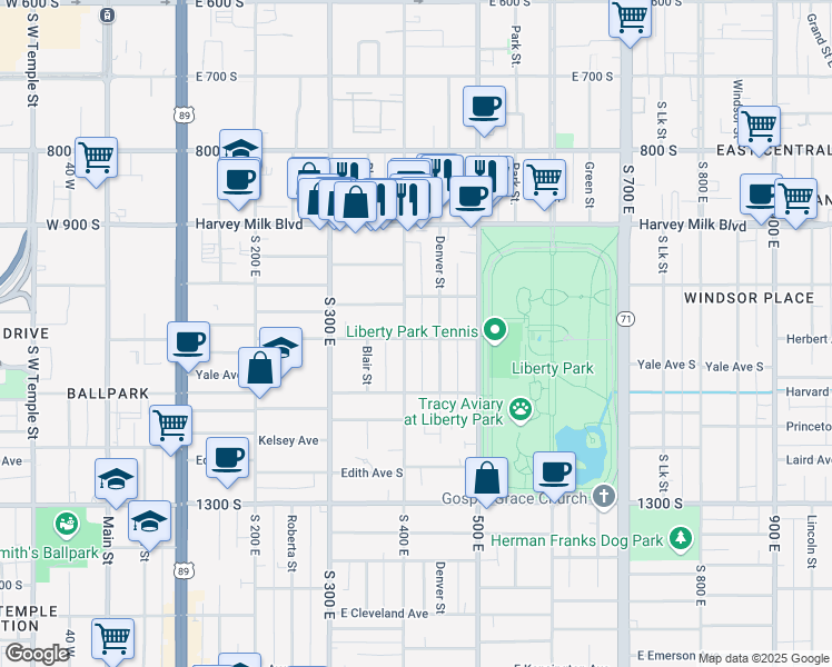 map of restaurants, bars, coffee shops, grocery stores, and more near 1059 South 400 East in Salt Lake City