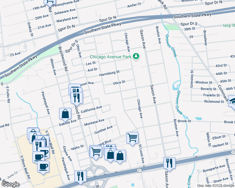 map of restaurants, bars, coffee shops, grocery stores, and more near 108 Geneva Street in Bay Shore