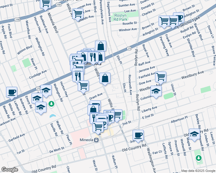 map of restaurants, bars, coffee shops, grocery stores, and more near 199 Willis Avenue in Mineola