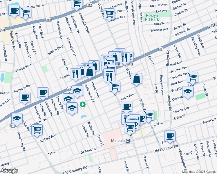 map of restaurants, bars, coffee shops, grocery stores, and more near 230 Jackson Avenue in Mineola