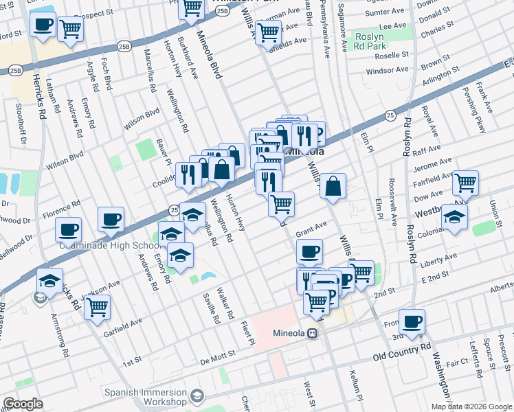 map of restaurants, bars, coffee shops, grocery stores, and more near 230 Jackson Avenue in Mineola