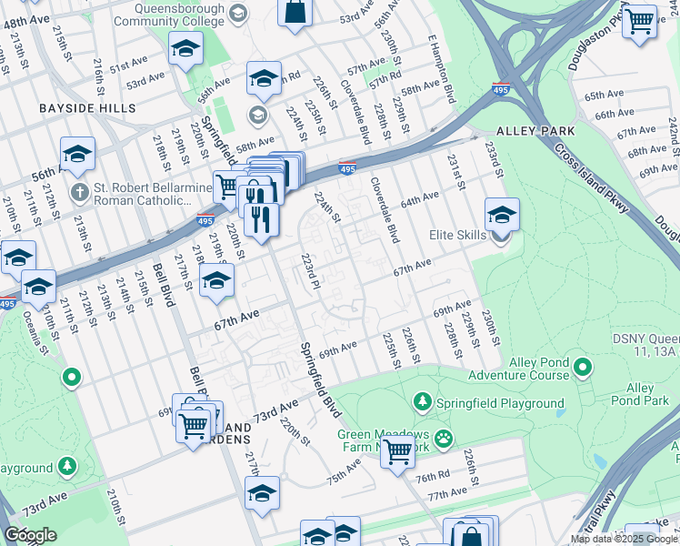 map of restaurants, bars, coffee shops, grocery stores, and more near 67-14 224 Street in Queens