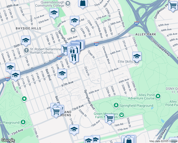 map of restaurants, bars, coffee shops, grocery stores, and more near 6524 223rd Place in Queens