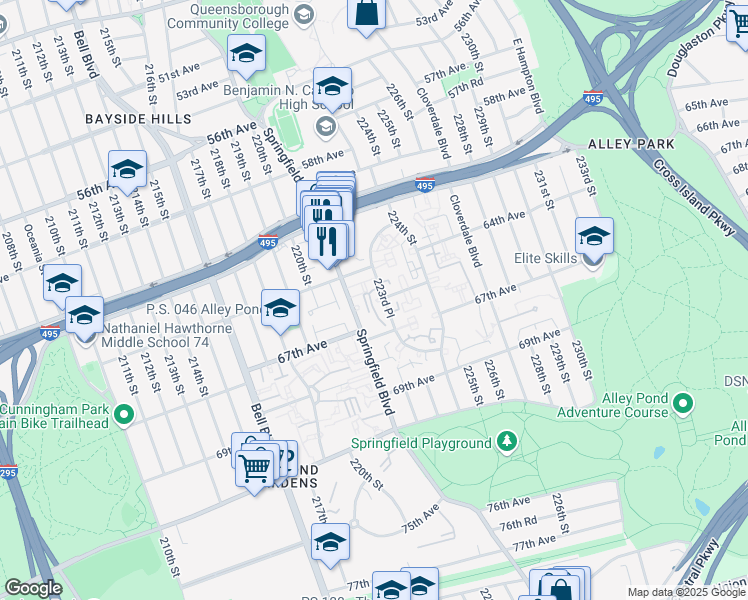 map of restaurants, bars, coffee shops, grocery stores, and more near 64-43 Springfield Boulevard in Queens