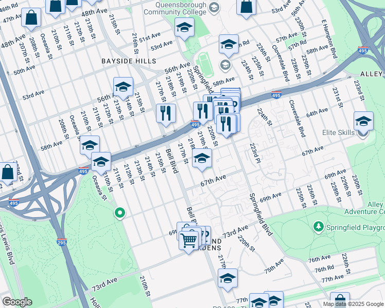map of restaurants, bars, coffee shops, grocery stores, and more near 217-04 64th Avenue in Queens
