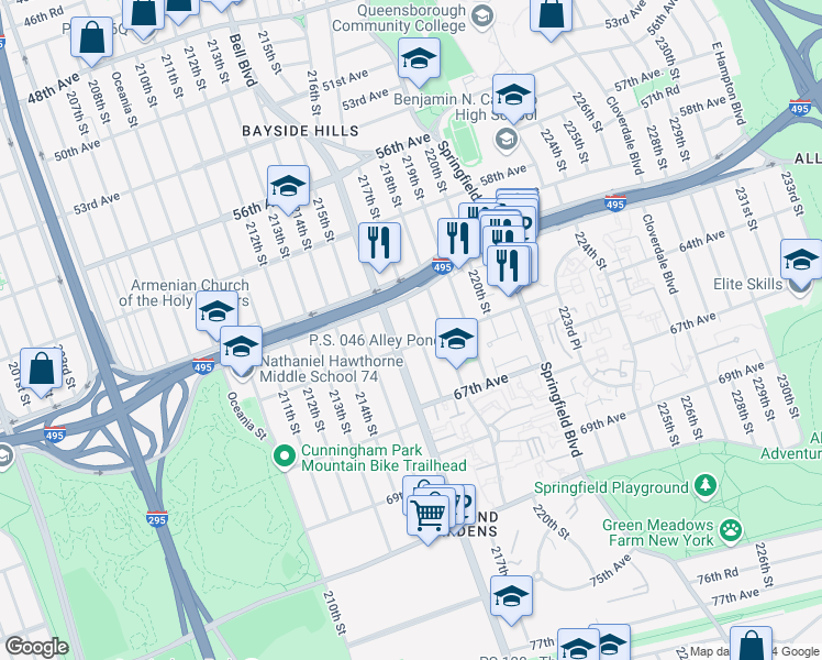 map of restaurants, bars, coffee shops, grocery stores, and more near 217-04 64th Avenue in Queens
