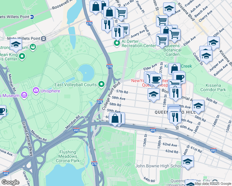 map of restaurants, bars, coffee shops, grocery stores, and more near 130-08 58th Avenue in Queens