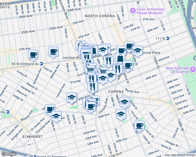map of restaurants, bars, coffee shops, grocery stores, and more near 96-17 43rd Avenue in Queens