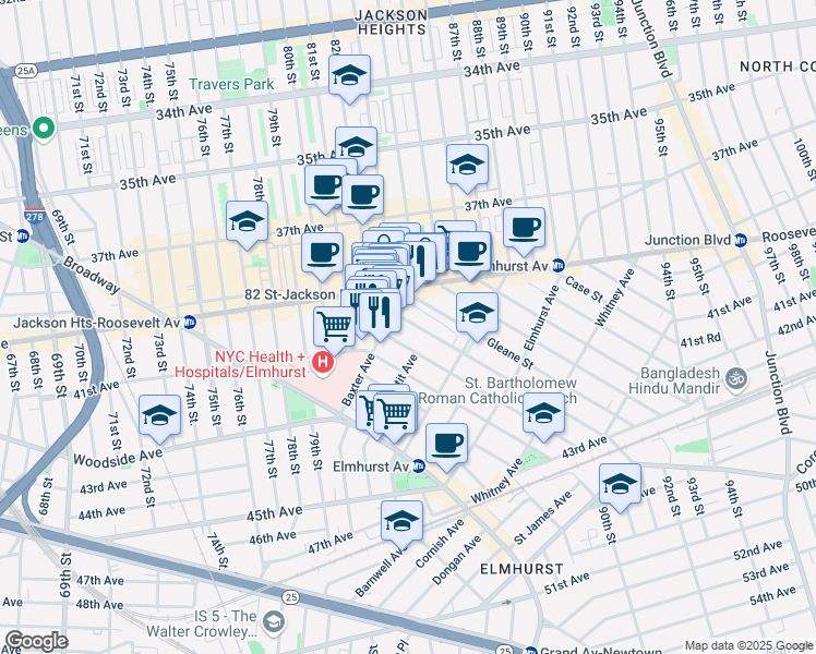 map of restaurants, bars, coffee shops, grocery stores, and more near 40-30 Ithaca Street in Queens