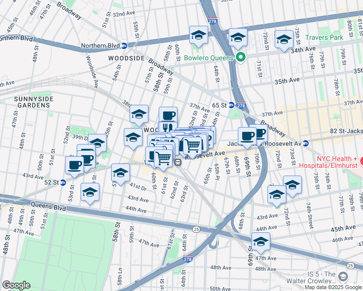 map of restaurants, bars, coffee shops, grocery stores, and more near in Queens