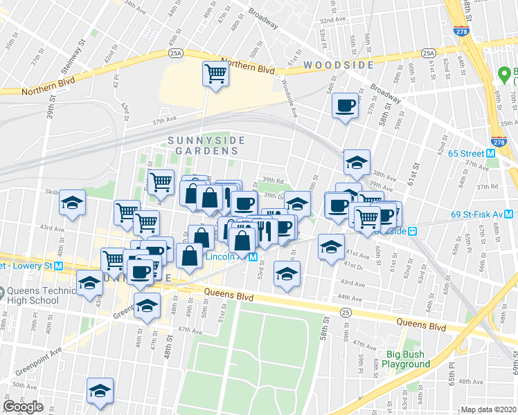 map of restaurants, bars, coffee shops, grocery stores, and more near 51-19 Skillman Avenue in Queens
