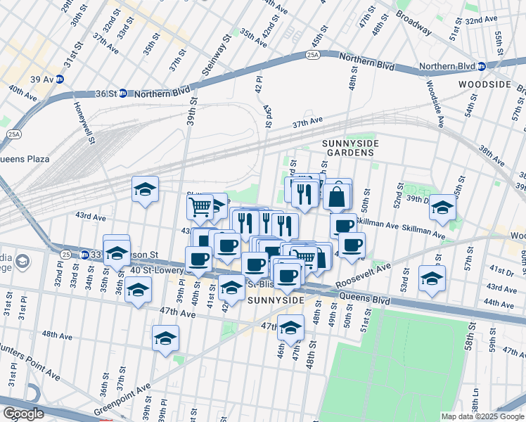 map of restaurants, bars, coffee shops, grocery stores, and more near 41-26 44th Street in Queens
