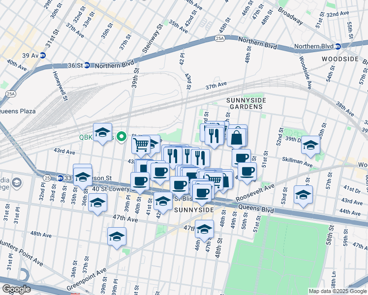 map of restaurants, bars, coffee shops, grocery stores, and more near 41-26 44th Street in Queens
