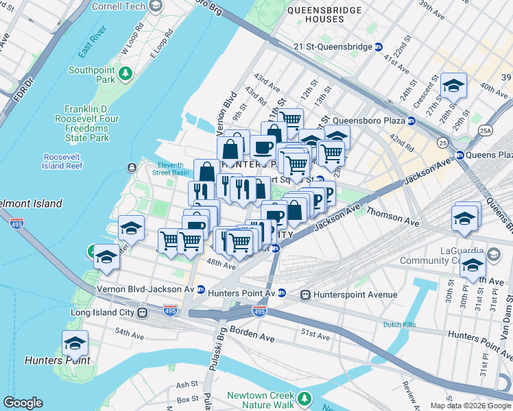 map of restaurants, bars, coffee shops, grocery stores, and more near 11-15 46th Road in Queens