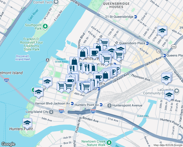 map of restaurants, bars, coffee shops, grocery stores, and more near 11-15 46th Road in Queens