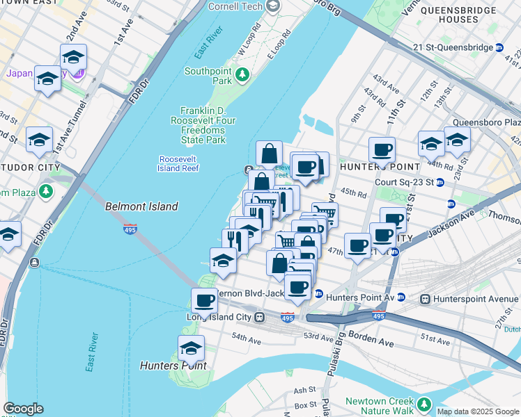 map of restaurants, bars, coffee shops, grocery stores, and more near 4720 Center Boulevard in Queens