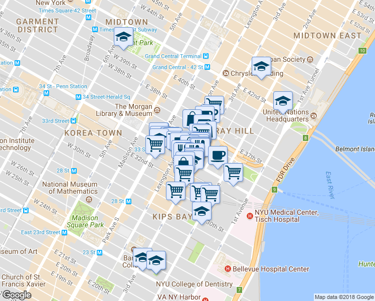 map of restaurants, bars, coffee shops, grocery stores, and more near 507 3rd Avenue in New York